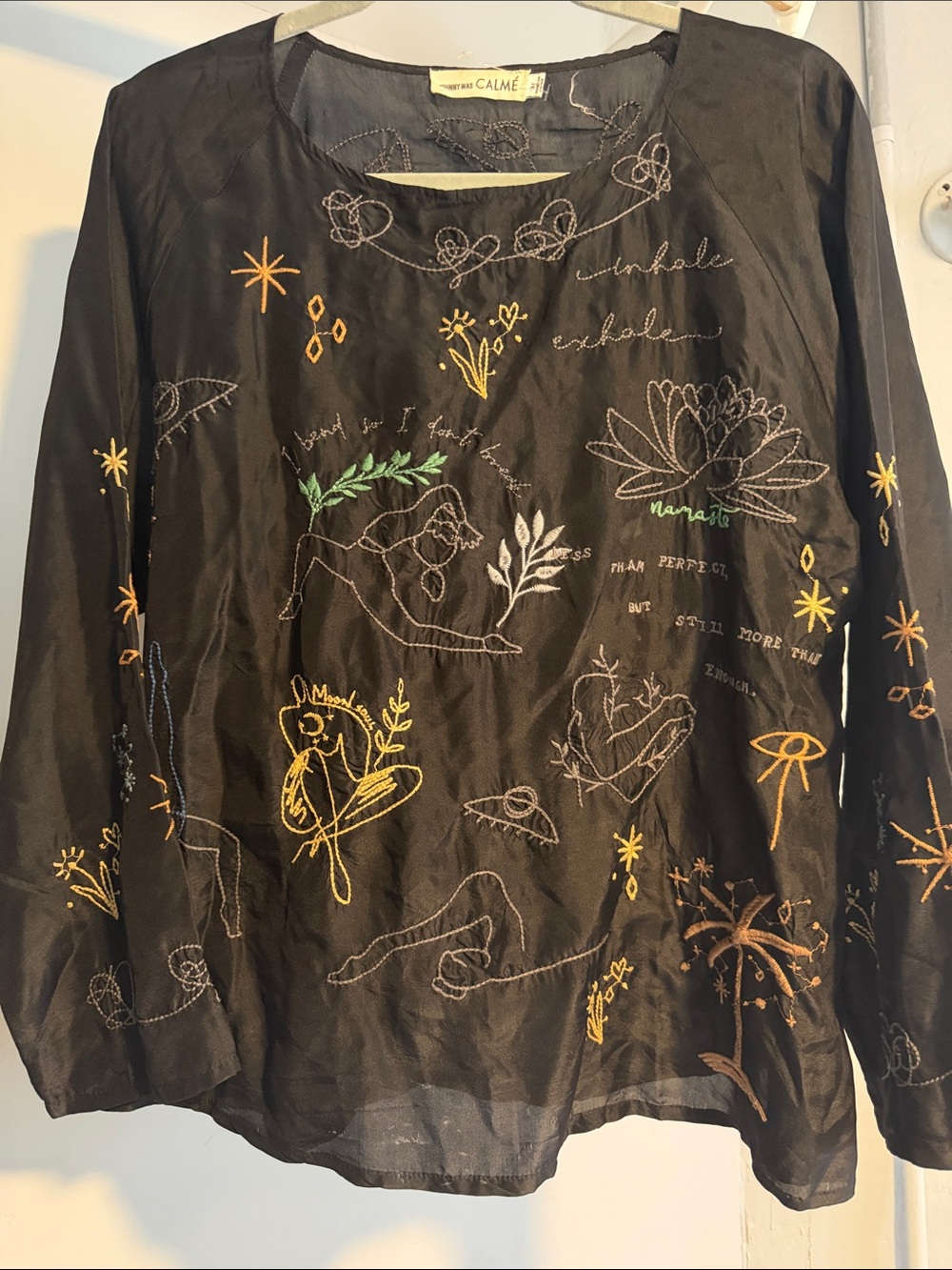 100% SILK NWOT Embroidered Black Long Sleeve Top with Colorful Motifs